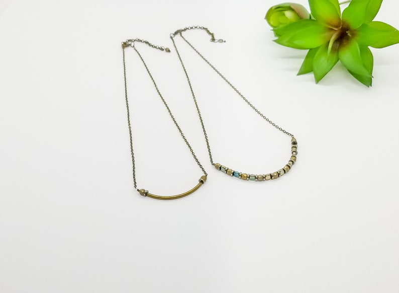 Simple Chain Set Small Gemstone Jewelry Artisan Crafted Necklace Antique Brass Curved Tube Necklace Set Casual Everyday Jewelry