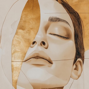 Abstract Minimalist Woman Portrait – Gold and Beige Modern Wall Art, Elegant Feminine Decor for Contemporary Interiors