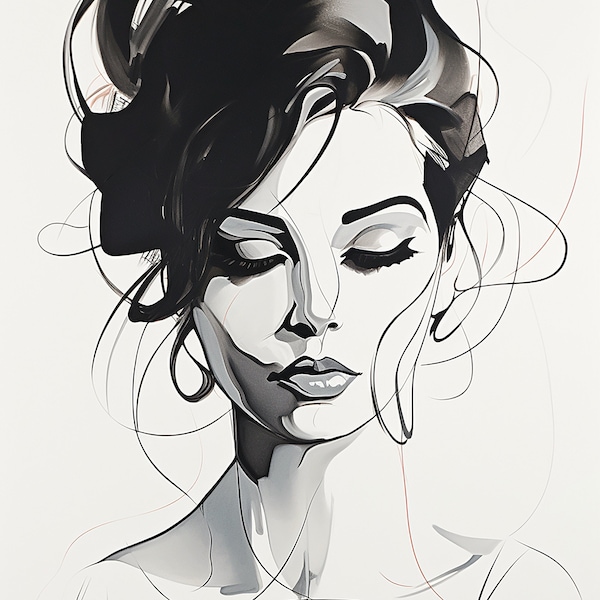 Abstract Black and White Woman portrait Elegant line art Chic Fashion illustration Ink Wash Woman Face Art Catwalk Wall Art Digital Download