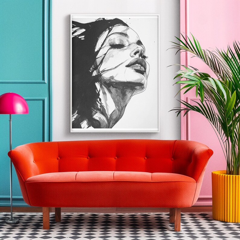 Abstract Line Art Woman Portrait Minimalist Black and White Feminine