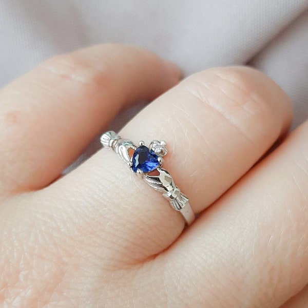 Sapphire Extra Dainty Claddagh Ring, September Birthstone 7mm Irish Claddagh Ring, Delicate Sapphire Heart Ring, September Birthday silver