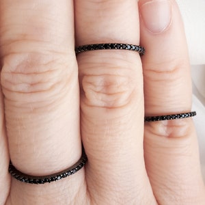 1mm Black Onyx CZ Pave Full Eternity Band Ring, Super Minimalist Thin Delicate Black 925 Silver Ring, Extra Dainty Black Band, Stackable image 2