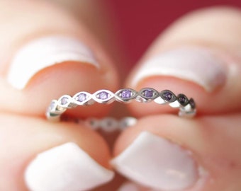 Purple Amethyst CZ Marquise Eternity Band with sparkling CZ stones, 925 Sterling Silver Purple Ring, Infinity Delicate Dainty minimalist