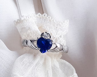 Blue Sapphire Claddagh Ring, Irish Claddagh Ring, Celtic Claddagh Ring, September Cubic Zirconia Claddagh Ring, 9mm Sterling Silver Ring