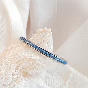 Dainty 2mm Blue Topaz CZ Eternity Band, December Birthstone Ring, 925 Sterling Silver Channel Set Ring, Stackable Blue Ring, Gift for Her