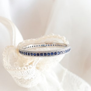 September Birthstone Blue Sapphire CZ 2mm Milgrain Full Eternity Band Ring, Blue 925 Sterling Silver Ring, Blue September Birthday gift