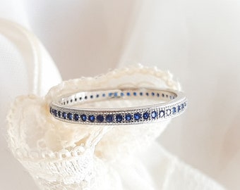 September Birthstone Blue Sapphire CZ 2mm Milgrain Full Eternity Band Ring, Blue 925 Sterling Silver Ring, Blue September Birthday gift