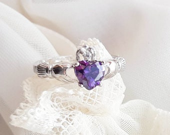 February Birthstone Amethyst Ring, Irish 9mm heart Purple Claddagh Ring, Celtic Claddagh Ring, February Birthdays Daughter Mother Gift