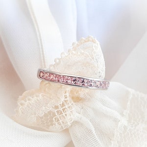 Princess Cut Pink CZ Half Eternity Band, October Birthstone Ring, 925 Sterling Silver Channel Set Band, Dainty Rose Stacking Ring Gift
