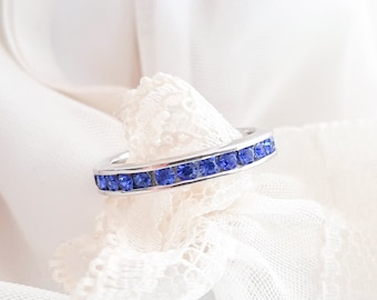 September Birthstone Blue Sapphire CZ Channel Full Eternity Band Ring, 925 Sterling Silver Ring, Blue Eternity Band September Birthday gift