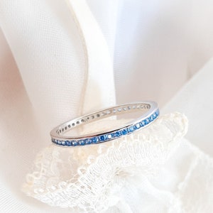 Dainty 2mm Aquamarine CZ Eternity Band, March Birthstone Ring, 925 Sterling Silver Channel Set Ring, Light Blue Stacking Ring, Gift for Her