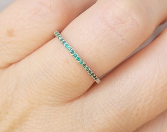 Extra Dainty 1mm Emerald CZ Half Eternity Sterling Silver 925 Ring, Super Minimalist Thin Delicate May Birthstone, Green Stones  Tiny ring