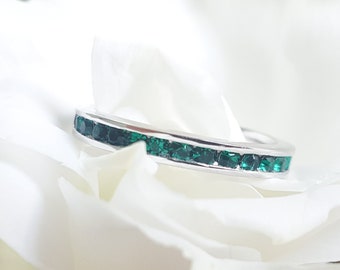 May Birthstone Emerald 3mm Channel Full Eternity Band, Green 925 Sterling Silver Ring, Green Eternity Band May Birthday gift, Emerald Band