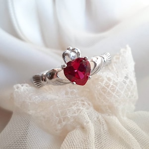 Red Ruby Claddagh Ring: Irish Celtic Heart, July Birthstone