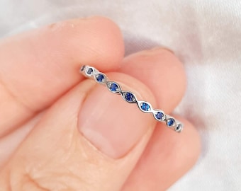 September Birthstone Ring: Blue Sapphire Marquise Eternity Band with CZ Stones, 925 Sterling Silver, Delicate & Minimalist Infinity Design