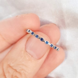 September Birthstone Ring: Blue Sapphire Marquise Eternity Band with CZ Stones, 925 Sterling Silver, Delicate & Minimalist Infinity Design