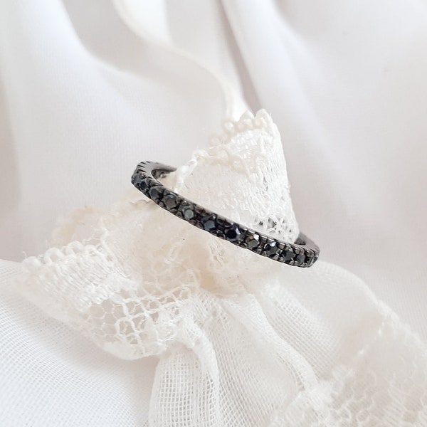 2mm Black Onyx CZ Pave Full Eternity Band Ring, Minimalist Black 925 Silver Ring , Dainty Black Ring Band, Black Stackable Band