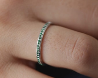 Emerald CZ Eternity Band: Sterling Silver Milgrain Stacking Ring