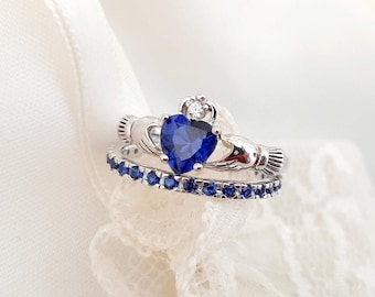 Royal Blue Sapphire Engagement set, 925 Silver September Birthstone two rings Set Claddagh Ring and Full Eternity band, Engagement Wedding