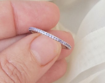 Extra Thin 1mm February Birthstone Amethyst CZ Full Eternity Band Ring, 925 Silver Ring with Purple CZ stones in pave setting