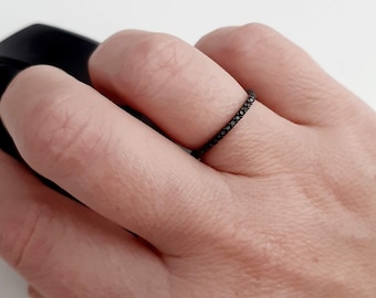 1mn Black Onyx CZ Pave Full Eternity Band Ring, Super Minimalist Thin Delicate Black 925 Silver Ring, Extra Dainty Black Band, Stackable