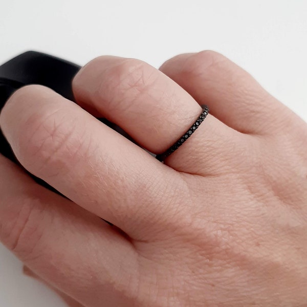 1mm Black Onyx CZ Pave Full Eternity Band Ring, Super Minimalist Thin Delicate Black 925 Silver Ring, Extra Dainty Black Band, Stackable