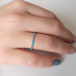 Extra Thin 1mm Turquoise Eternity Band, December Birthstone Ring, 925 Sterling Silver Stacking Ring, Dainty Blue Minimalist Gift for Her