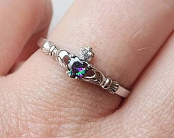 Rainbow Topaz Extra Dainty Claddagh Ring, 7mm Irish Claddagh Ring, Celtic Claddagh Ring, Delicate Rainbow Topaz Heart Ring, Sterling Silver