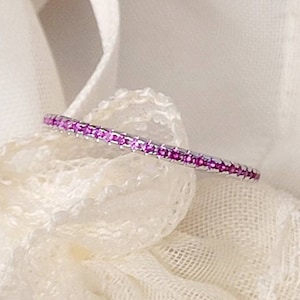 Extra Dainty 1mm July Birthstone Ruby CZ Pave Full Eternity Band Ring, Minimalist Red 925 Silver Ring Red Eternity Stackable Band July Birth