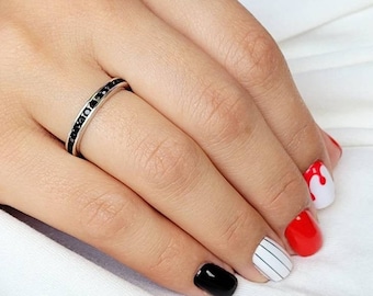 Black Onyx CZ Full Eternity Band, 2mm Sterling Silver Channel Set Ring, Dainty Black Stacking Band, Gothic Minimalist Ring, Gift for Her