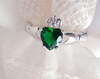 May Birthstone Silver Claddagh Ring, Irish Claddagh Ring, Celtic Ring, Green Emerald Zirconia Claddagh Ring, 9mm Sterling Silver Ring