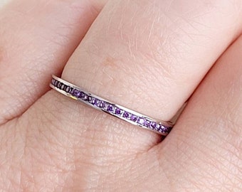 Dainty Amethyst Eternity Band Ring: 925 Sterling Silver February Birthstone