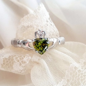 August Birthstone Peridot Claddagh Ring, Irish Celtic Jewelry, 925 Sterling Silver Heart Ring, Green Promise Ring, Gift for Her