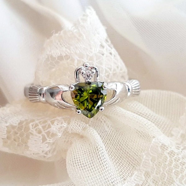 August Birthstone Peridot Claddagh Ring, Irish Celtic Jewelry, 925 Sterling Silver Heart Ring, Green Promise Ring, Gift for Her