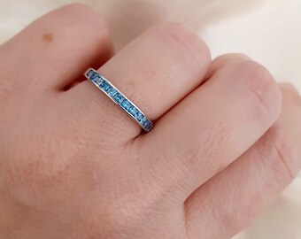 Aquamarine Baguette Ring,Half Eternity Aquamarine Wedding Ring,March Birthstone Ring,Anniversary Gift,Gift for Her,925 Sterling Silver Ring