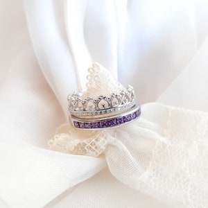 1 carat princess-cut channel set sterling silver ring with brilliant simulated amethyst CZ stones, beautifully packaged in a ribbon-tied gift box. Elegant and versatile band perfect for stacking, wearing alone, or pairing with an engagement ring