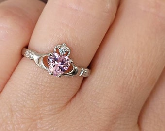 October Birthstone Pink CZ Ring, Irish Rainbow Rose stone Claddagh Ring, Celtic Ring, Heart October Birthday Daughter Mother Gift Ring