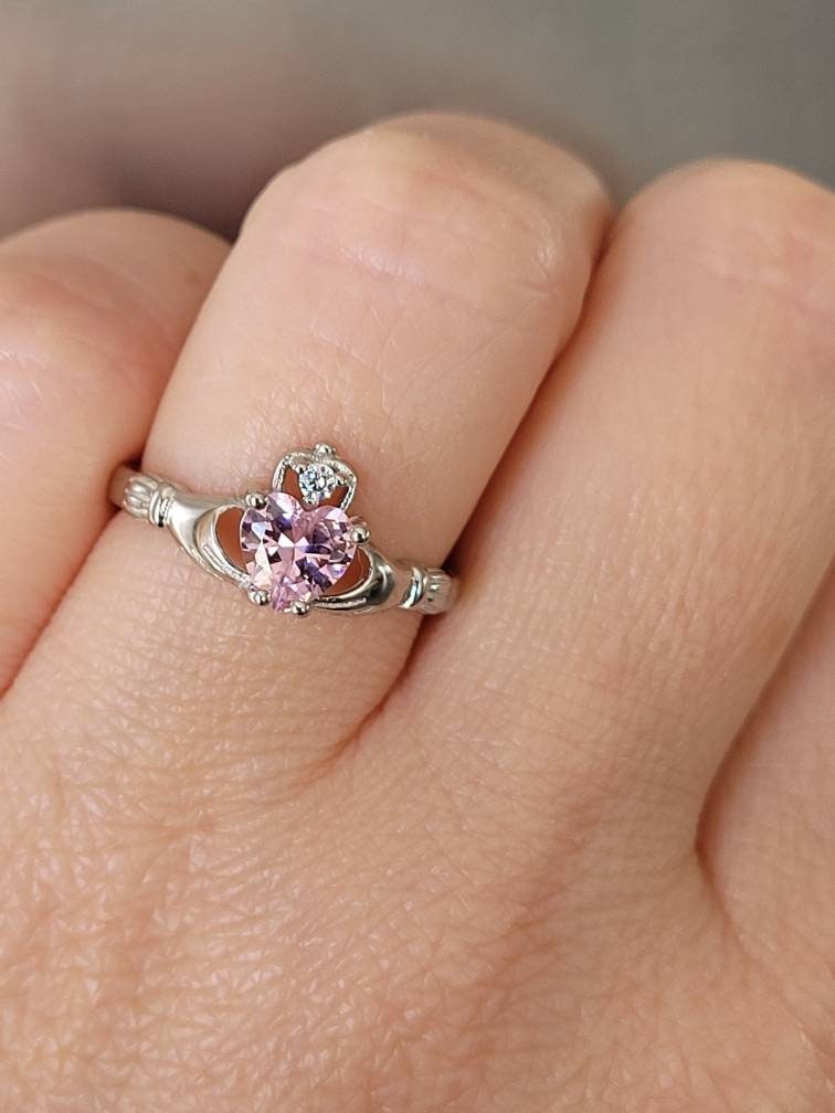 Sterling Silver 925 Irish Claddagh Ring With Pink Heart Cubic Zirconia Friendship Love Ring