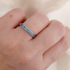 3mm March Birthstone Aquamarine CZ Princess Cut Channel Half Eternity Band Ring, 925 Silver Light Blue Eternity Band March Birthday gift
