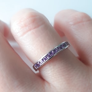 3mm Amethyst CZ Half Eternity Band, February Birthstone Ring, Princess Cut Channel Set Ring, 925 Sterling Silver, Gift for Her