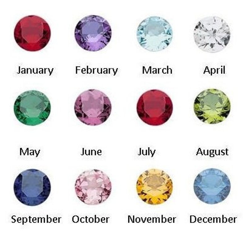 May include: A chart showing the birthstones for each month of the year. January is Garnet, February is Amethyst, March is Aquamarine, April is Diamond, May is Emerald, June is Pearl, July is Ruby, August is Peridot, September is Sapphire, October is Opal, November is Topaz, and December is Turquoise.