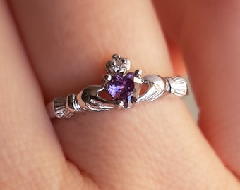 Extra Dainty Amethyst Claddagh Ring, February Birthstone Ring 925 Sterling Silver Celtic Jewelry, 7mm Purple Heart Promise Ring Gift for Her