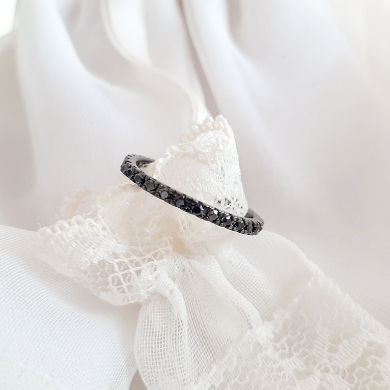 Black Stackable Band 2mm Black Onyx CZ Pave Full Eternity Band Ring Dainty Black Ring Band Minimalist Black 925 Silver Ring