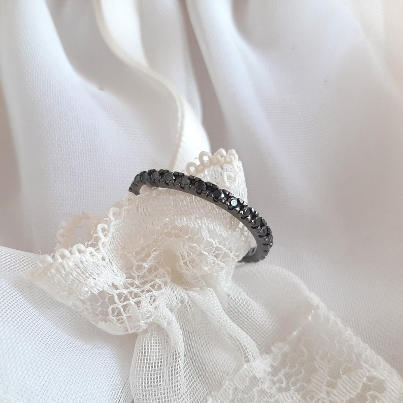 Black Stackable Band 2mm Black Onyx CZ Pave Full Eternity Band Ring Dainty Black Ring Band Minimalist Black 925 Silver Ring