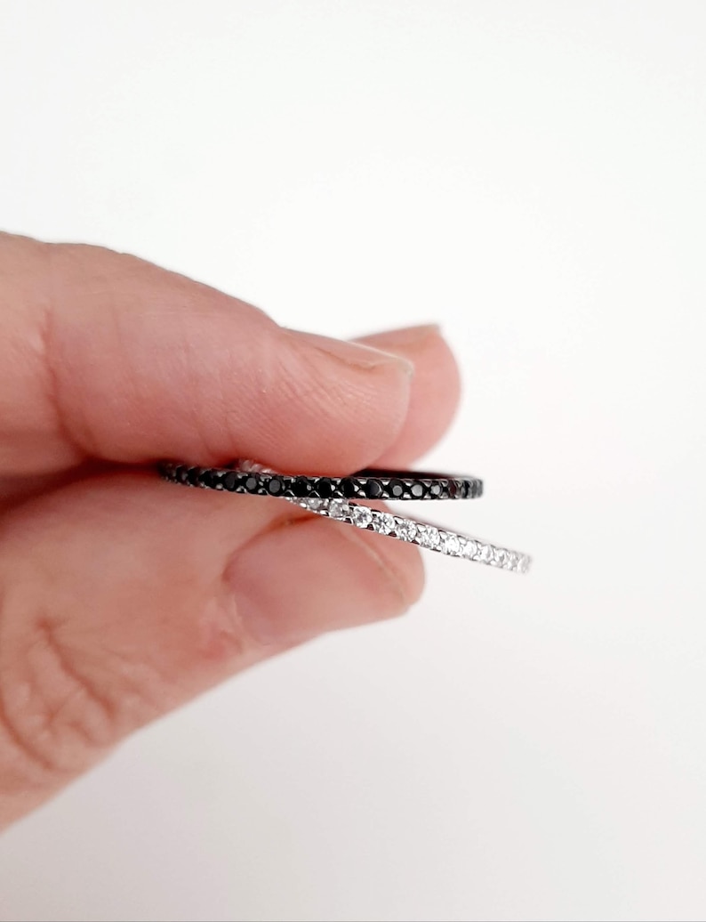 1mm Black Onyx CZ Pave Full Eternity Band Ring, Super Minimalist Thin Delicate Black 925 Silver Ring, Extra Dainty Black Band, Stackable image 6