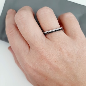 1mm Black Onyx CZ Pave Full Eternity Band Ring, Super Minimalist Thin Delicate Black 925 Silver Ring, Extra Dainty Black Band, Stackable image 5