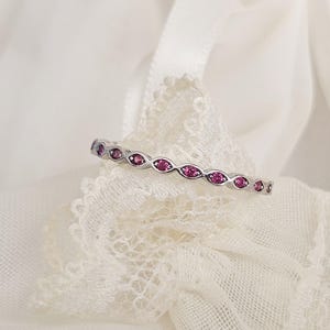 Dainty Ruby CZ Marquise Eternity Band, 925 Sterling Silver Minimalist Infinity Ring with Sparkling Red Stones
