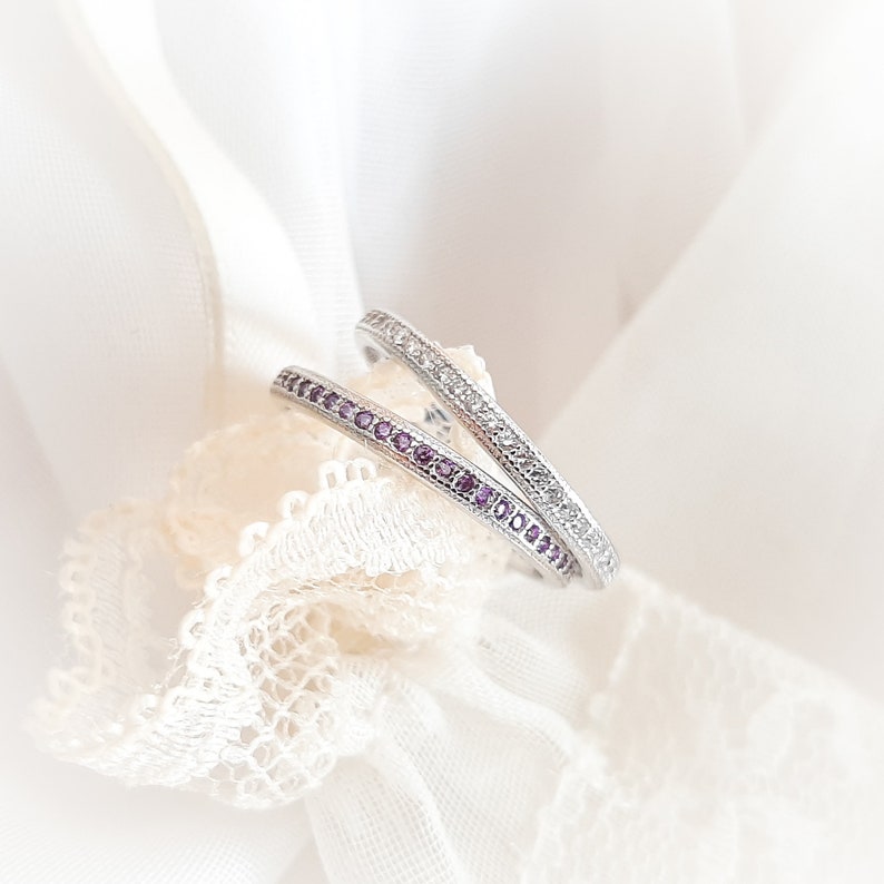 April Birthstone Clear CZ Milgrain Full Eternity Band Ring | Etsy