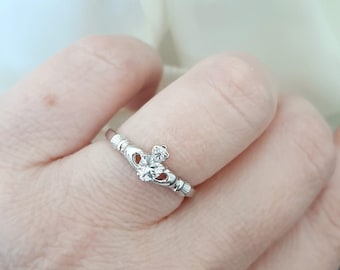 Extra Delicate Silver 925 ring with CZ 7mm heart. Traditional Irish Promise Claddagh Ring, Celtic Ring, Delicate CZ Heart Ring
