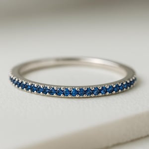 Dainty Blue Sapphire Eternity Band Ring • Thin 1mm Minimalist 925 Silver Ring • September Birthstone Jewelry • Stackable Sapphire CZ Band
